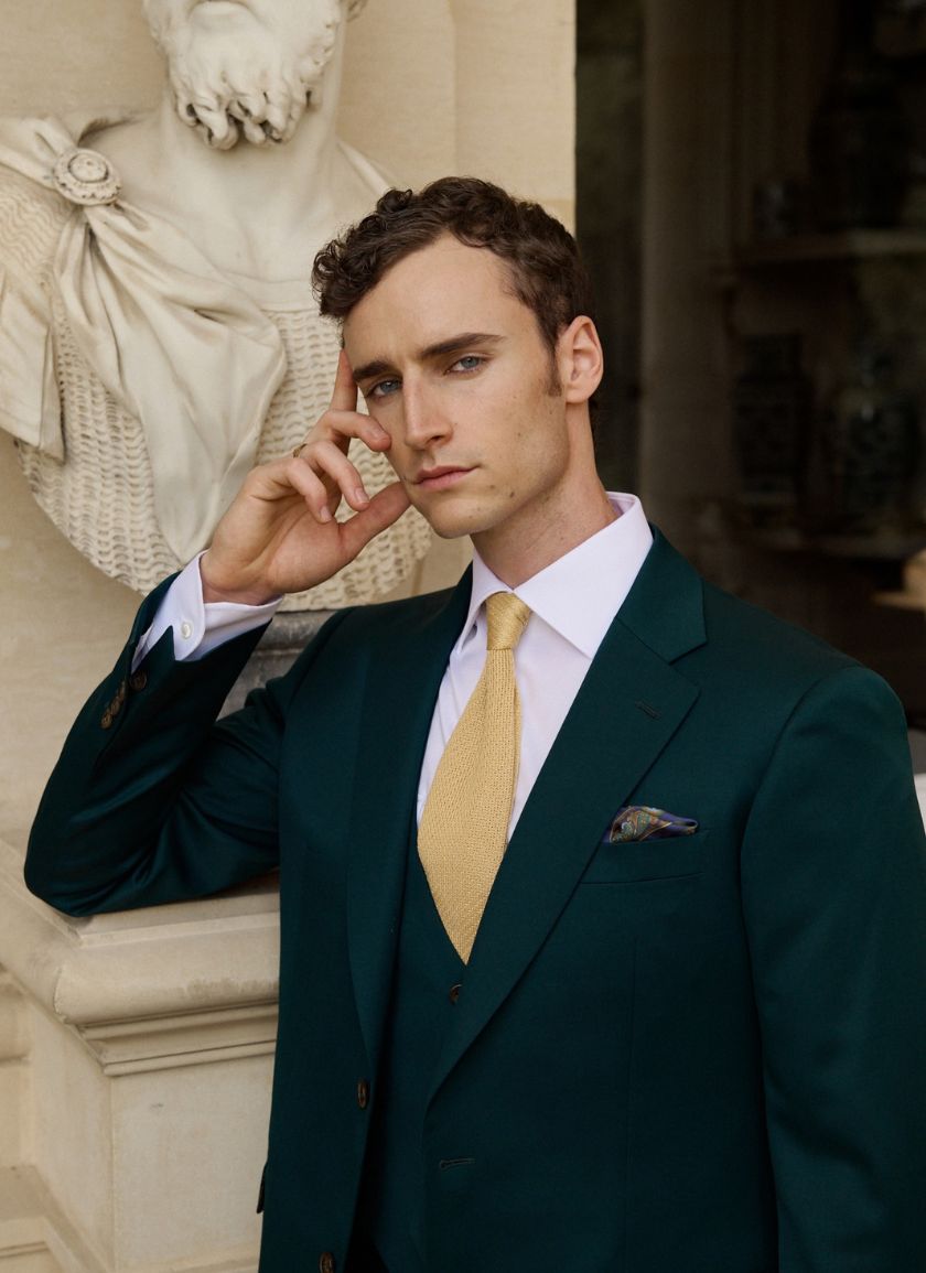 Costume de mariage trois-pièces sur mesure vert sapin